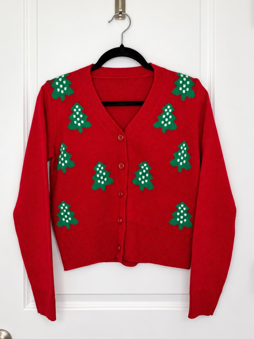 Red Holiday Cardigan Sweater with Green Tree Motif